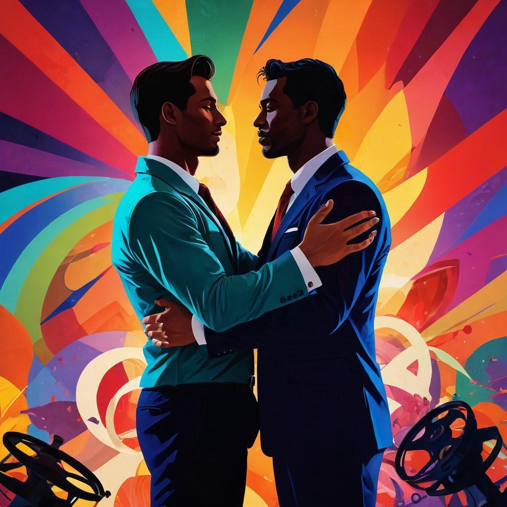 A sensual and provocative scene depicting two confident men embracing in an intimate moment, surrounded by vibrant and colorful abstract shapes representing freedom and liberation. The background features silhouettes of film reels and playful elements symbolizing fantasy and adventure. The atmosphere is warm and inviting, capturing a sense of excitement and exploration. super-realistic. vibrant colors. cinematic style.