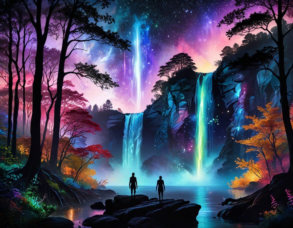 An ethereal landscape filled with vibrant colors, depicting a surreal mix of fantasy elements like a mystical forest and shimmering waterfalls. In the foreground, silhouettes of diverse, confident individuals celebrating freedom and love, subtly hinting at the theme of unprotected intimacy, layered with sparkling stars in the night sky. Add soft glows and intricate details that evoke a sense of connection and passion. super-realistic. vibrant colors. enchanting atmosphere.
