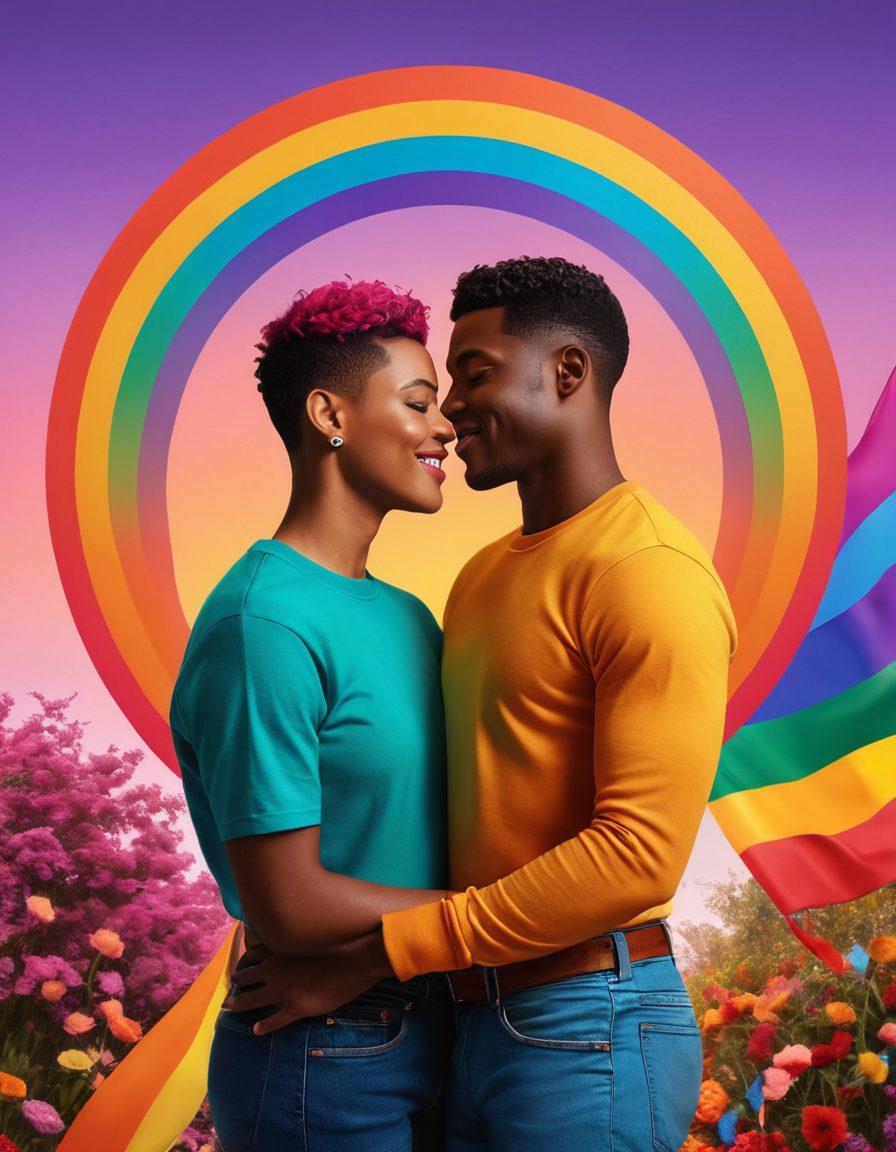 A vibrant and bold montage showcasing diverse LGBTQ couples in intimate and joyous moments, breaking societal norms and celebrating love. Include elements like rainbow flags, film reels, and an artistic representation of liberation symbols. The background should be an artistic gradient of colors symbolizing diversity and inclusion, creating an uplifting atmosphere. Include stylized text overlaying the image that reads 'Breaking Boundaries'. super-realistic. vibrant colors. 3D.